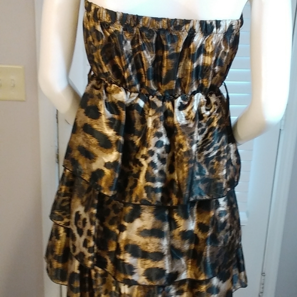 Dots Black Tan Animal Print Halter Baby Doll Tier Layer Ruffle Mini Dress Size - Picture 4 of 9